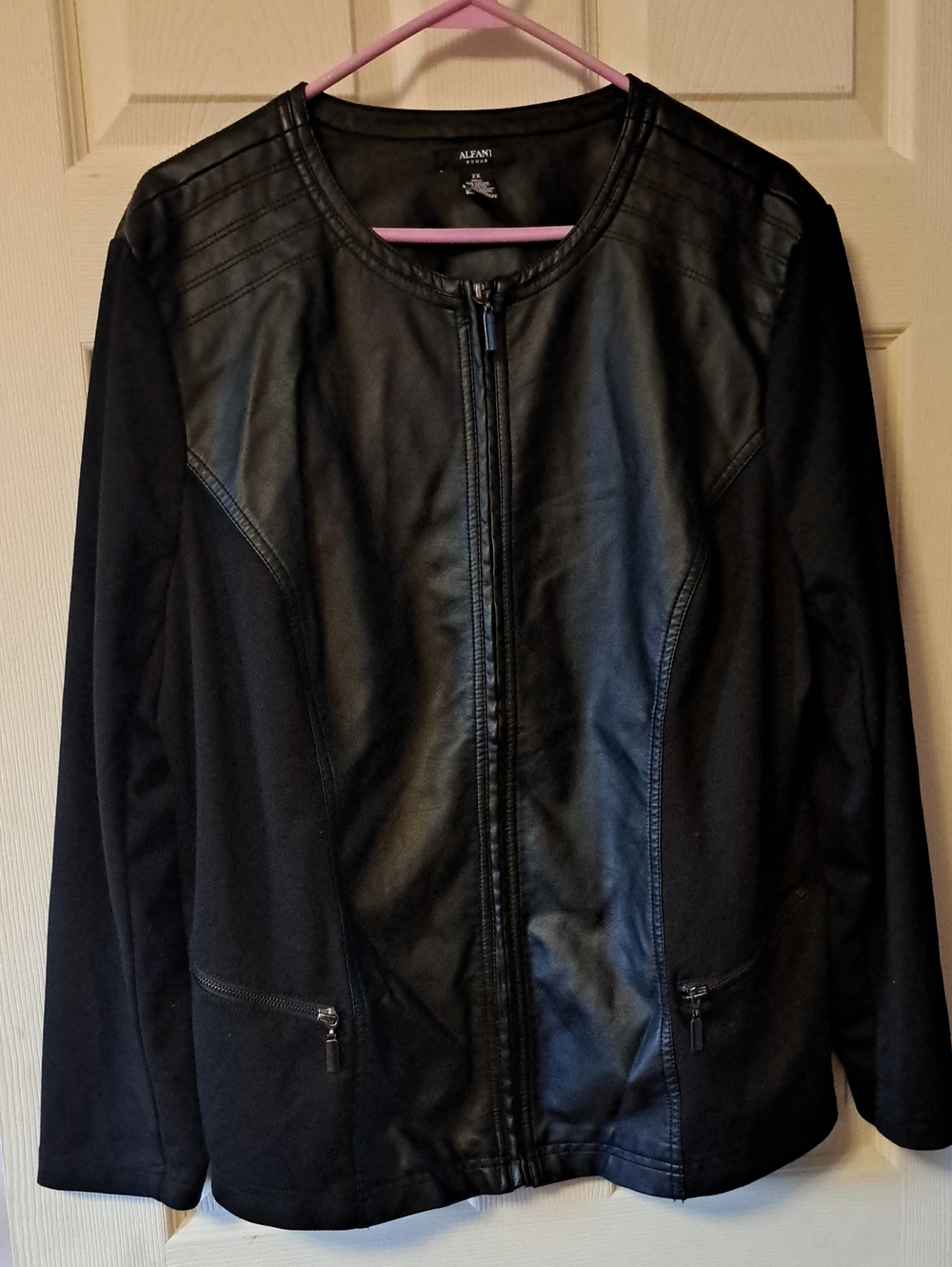 Alfani Black Faux Leather-Panel Zip Front Jacket